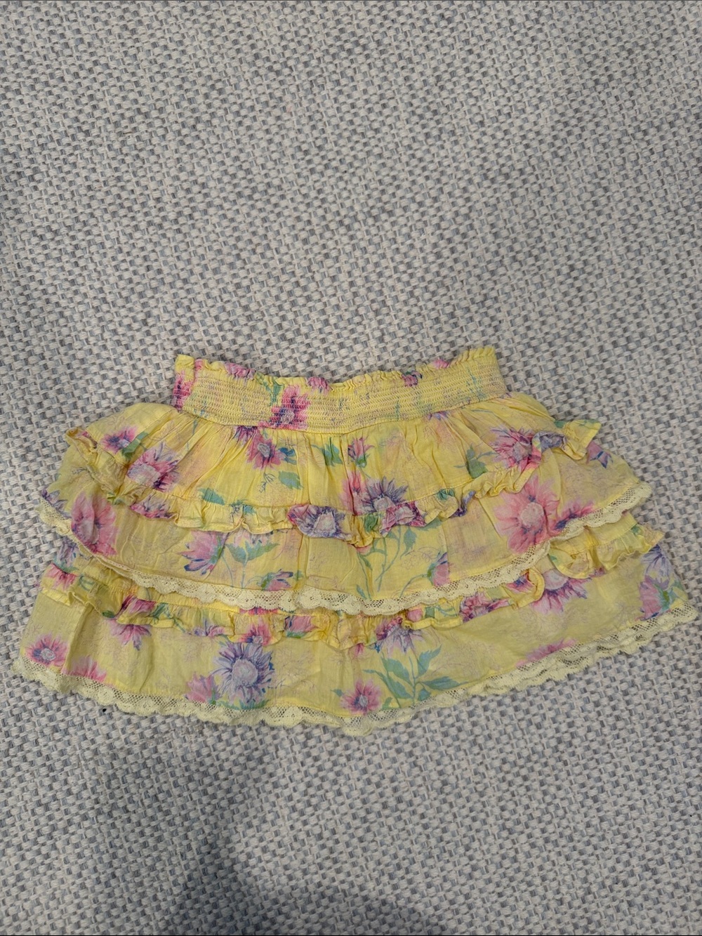 Love Shack Fancy Yellow Floral Ruffled Tiered Mini Skirt